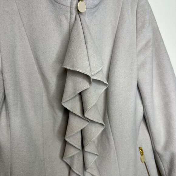 T TAHARI Light Gray Wool Blend Victorian Ruffle Front Mock Neck Pea Coat Size 12 - Picture 5 of 16